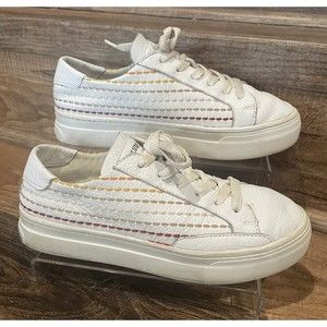 Soludos Retro Stripe White Leather Sneakers Women Size 8 Lace Up Shoes